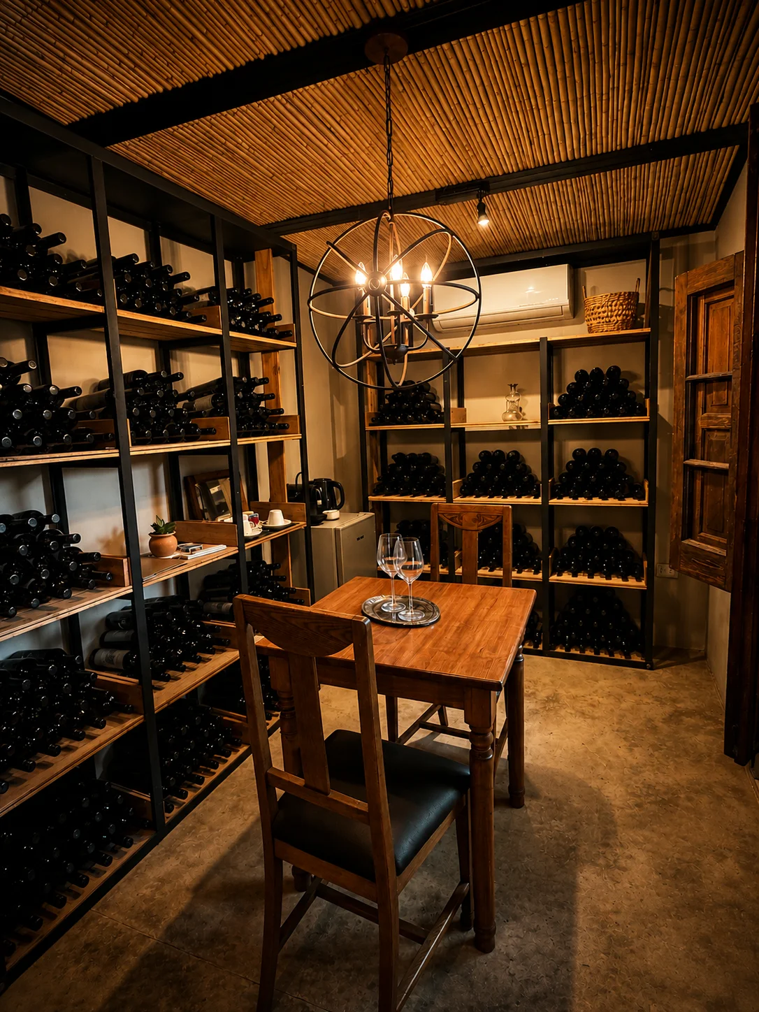 The table set for two inside the Cava, among the bottles