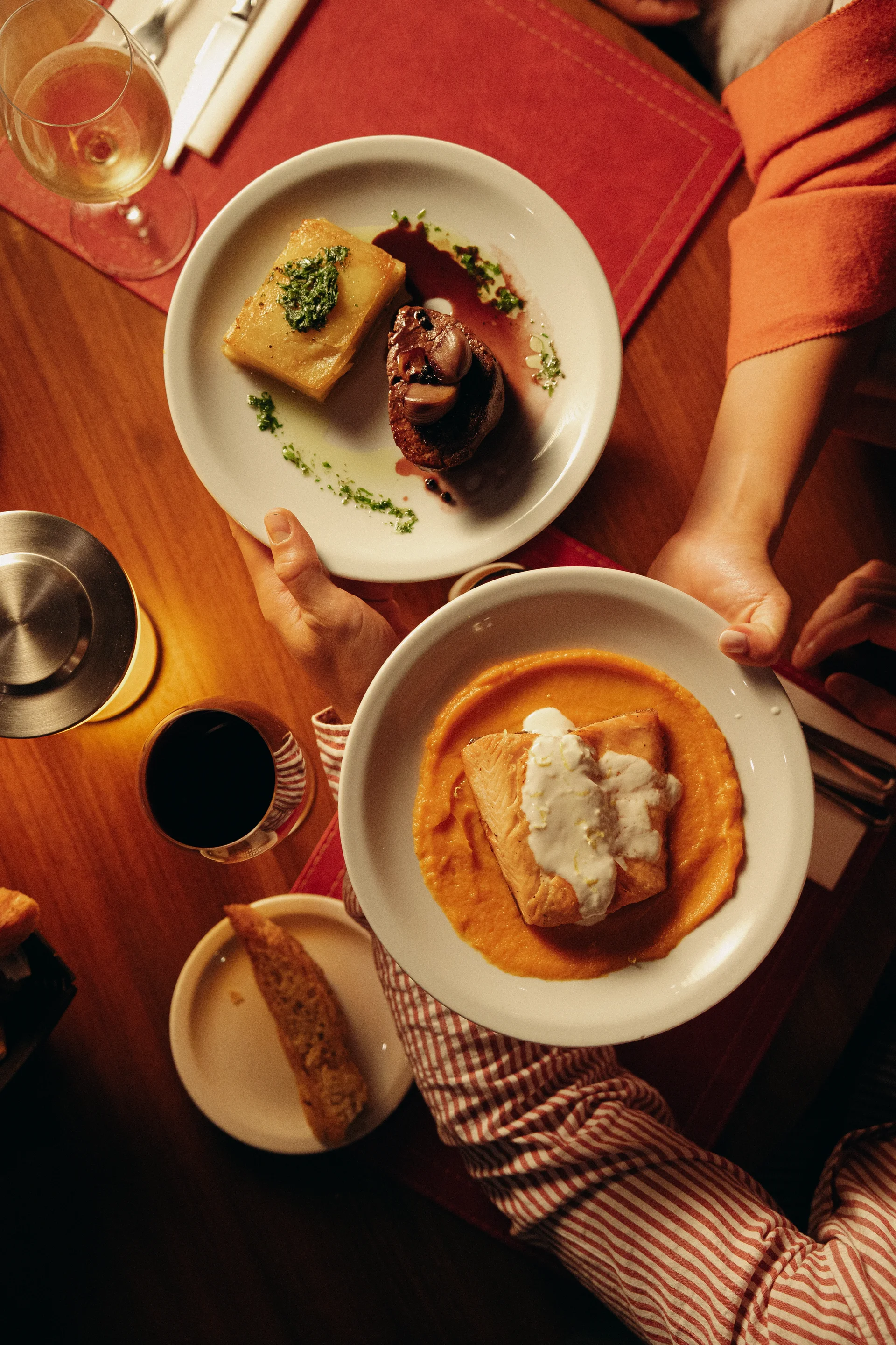 Salmon and beef mille-feuille from above