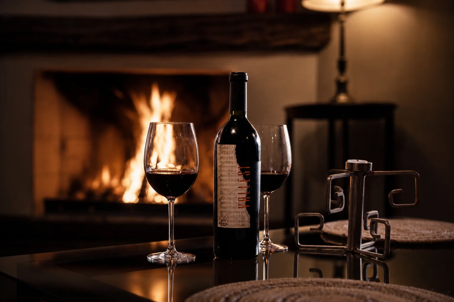 Vallesi Malbec by the fireplace